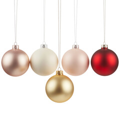 Five Hanging Christmas Ornaments with Gold, Red, and Pink Colors on Transparent Background