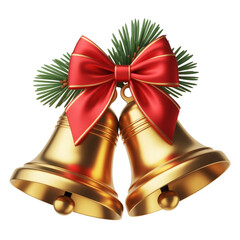 Gold Christmas Bells with Red Bow and Pine Branches on Transparent Background