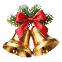 Golden Christmas Bells with Red Bow and Pine Branches on Transparent Background