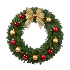 Green Christmas Wreath with Gold Bow and Ornaments on Transparent Background
