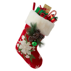 Red Christmas Stocking Full of Gifts on Transparent Background for Holiday Decor