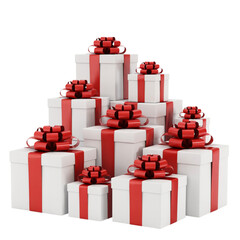 Stack of White Gift Boxes with Red Ribbons on Transparent Background