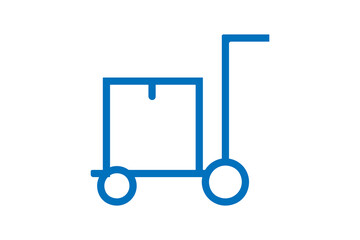 The image is a simple, minimalist line icon depicting a hand truck, also known as a dolly or luggage cart, transporting a box.