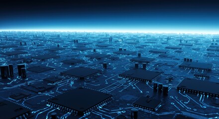 Vast digital landscape depicts an intricate array of integrated circuits glowing with blue light