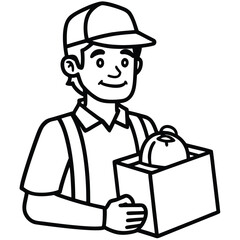A delivery man with food bag line art