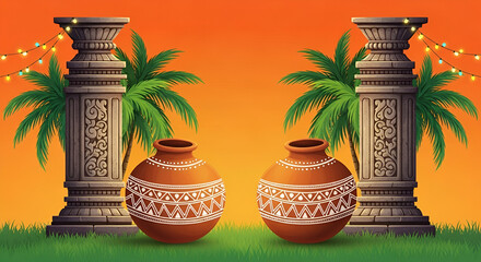 pongal festival in white background for web banner with pongal pot, sugar can, bull, speaker, diya and tradition music instrument, 3d render