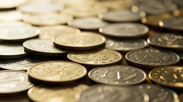 A close-up shot of scattered gold and silver coins, showcasing varying details and textures