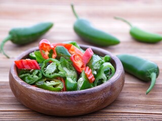  Close up of sliced peppers in a bowl.