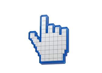 Three dimensional representation of a classic pixelated hand cursor icon rendered in white and blue