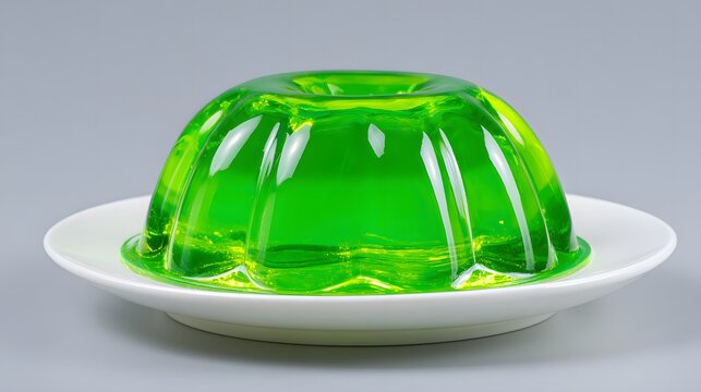 Translucent emerald dessert sits inverted upon a simple white ceramic plate against a muted background