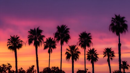 Naklejka premium Multiple palm trees stand silhouetted against a vividly colored twilight sky.