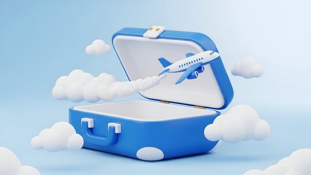 Blue suitcase with airplane model and clouds conceptual travel theme