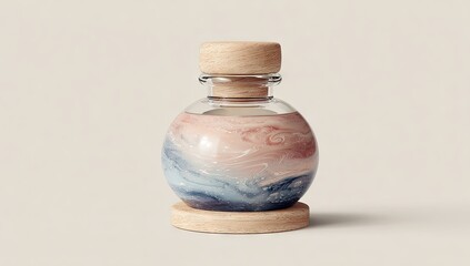 Round glass bottle with swirling pink and blue liquid and wooden lid.