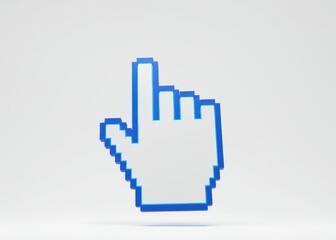 Three dimensional pixelated hand cursor icon floats above a plain light surface