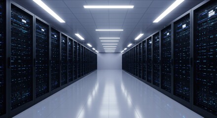 Rows of illuminated computer hardware racks extend into the distance down a sterile corridor