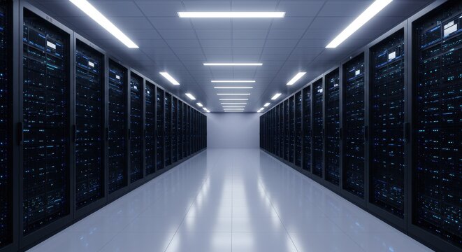 Rows of illuminated computer hardware racks extend into the distance down a sterile corridor
