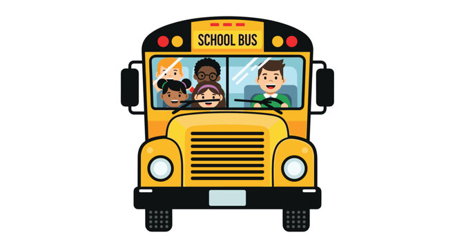 Joyful diverse children excitedly ride a bright yellow school bus driven by a smiling young man, ready for learning adventures