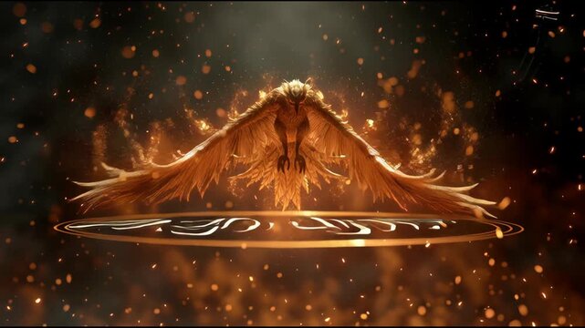 Golden Phoenix Arising: An exquisite golden phoenix, depicted in a stunning display of vibrant colors, takes flight from its circular base.