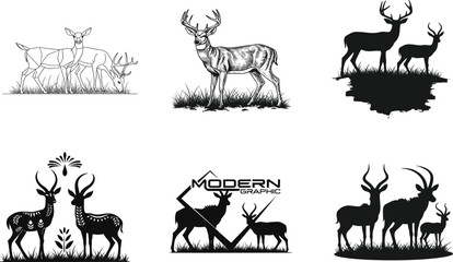 Deer and antelope wildlife silhouette and realistic illustration set, forest nature vector design for animal, outdoor, and natural art themes © Hazera Creative
