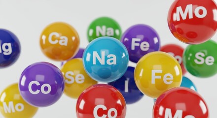 Numerous colorful spheres representing essential chemical elements float against a bright background