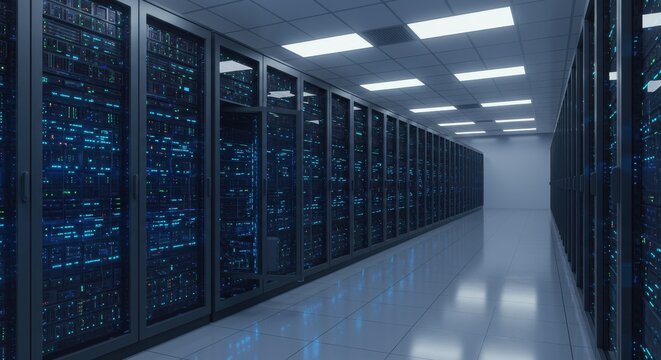Rows of glowing server racks extend down a brightly lit, modern data center corridor