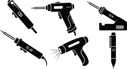 Black silhouette electric soldering tools collection, vector illustration of repair equipment, heat gun and pen style soldering devices