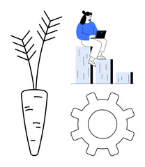 Woman sitting on ascending graph bars using laptop, carrot symbolizing growth, and gear representing productivity. Ideal for business, growth, technology, strategy, health, innovation motivation