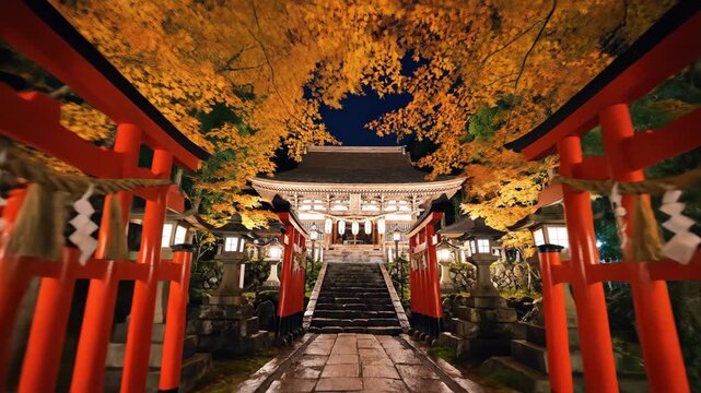 Walking through a tunnel of red torii gates at a Japanese shrine at night during autumn.