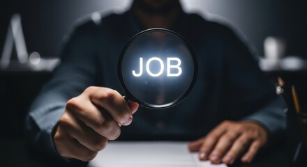 Intense Job Search: Magnifying Glass Highlighting the Word JOB for Recruitment and Career.