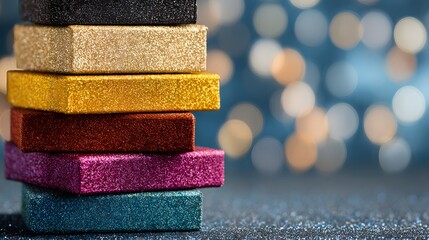 Stack of rectangular blocks covered in colorful glitter set against a blue bokeh background