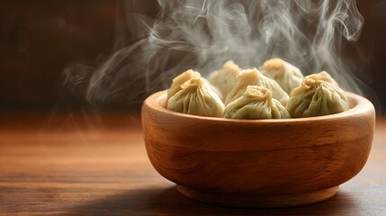Steaming savory dumplings presented in a rustic wooden bowl on a dark tabletop