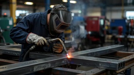 Industrial welder welding steel metal workshop sparks protective helmet gloves skilled worker fabrication mechanical technology industry safety arc - Powered by Adobe