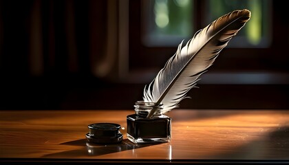Two bottles of black ink with a goose feather in one of the bottles on a wooden table with a blurry background.