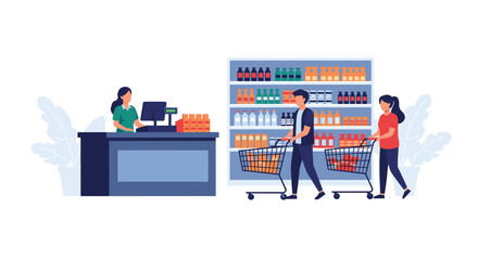 Happy shoppers with carts selecting groceries from brightly lit supermarket shelves, a cashier waits at the checkout counter