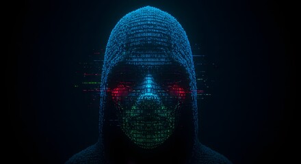 Digital Hacker Face Made of Binary Code and Glitch Effects