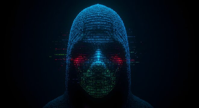 Digital Hacker Face Made of Binary Code and Glitch Effects