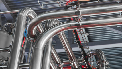 Food production machine with stainless steel pipes, cooling radiator as separator and tanks, valves and measuring instruments