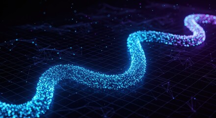 Glowing stream of digital particles flows across a dark abstract grid surface