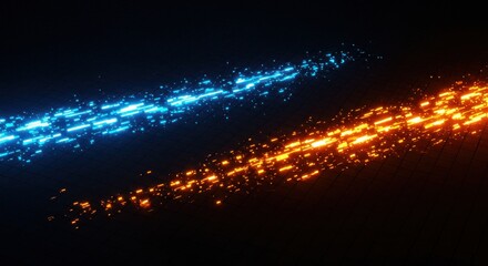 Contrasting streams of bright neon light move dynamically across a dark, textured surface