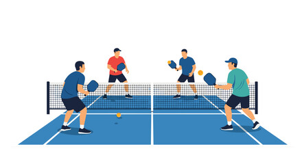 Active group of friends enjoying a dynamic game of pickleball on a bright blue court with a net, paddles, and balls in motion