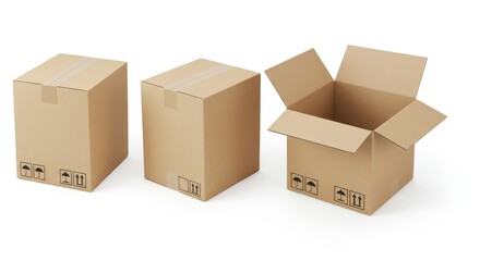 Fototapeta premium Three corrugated cardboard shipping containers display sealed and open states against a bright background