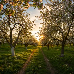 Fototapeta premium Beautiful Apple Orchard in Bloom During Golden Hour Sunset.
