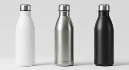 Three insulated metal hydration containers stand side by side against a light background