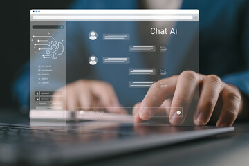 Chat Bot Chat with AI or Artificial Intelligence technology. A businessman using a laptop computer chatting with intelligent artificial intelligence asks for the answers he wants.