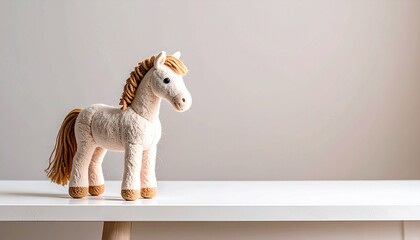 白いの机の上に、かわいい羊毛フェルトの白馬の人形が画面の端に小さく置かれている。全体的にノスタルジックでナチュラルな雰囲気。余白とテキストスペースあり。干支、2026年、午年、手作り、ノスタルジー、日本の文化