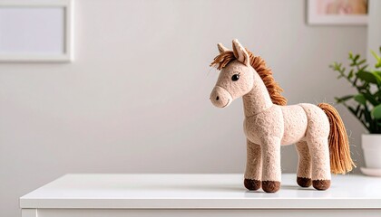 白いの机の上に、かわいい羊毛フェルトの白馬の人形が画面の端に小さく置かれている。全体的にノスタルジックでナチュラルな雰囲気。余白とテキストスペースあり。干支、2026年、午年、手作り、ノスタルジー、日本の文化