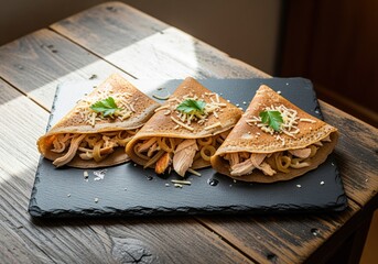 Delicious savory buckwheat crepes filled with chicken, cheese, and fresh parsley