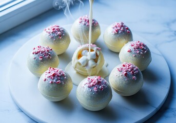 Obraz premium Delicious white chocolate hot cocoa bombs with peppermint and warm milk