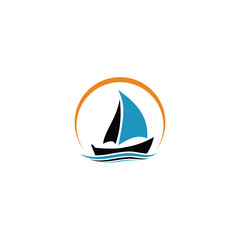 Sailing boat logo design,  icon abstract vector template. Sailboat on the waves. Vector illustration
