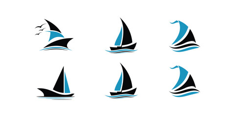 Naklejka premium Sailing boat logo set. icon abstract vector template. Sailboat on the waves. Vector illustration
